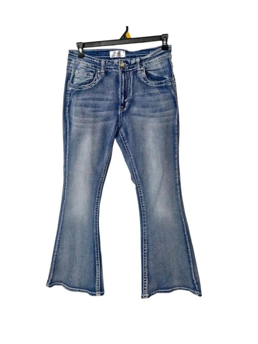 H&Y Womens Embellished Bootcut Jeans 5/6 Denim Distressed Rhinestone Grunge